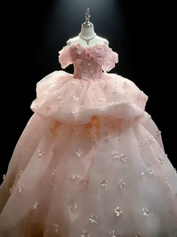 Dreamy Pink Quinceanera Dress ,Ball Gown Off-the-shoulder Applique Corset Maxi Evening Dress RS898