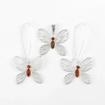 Honey Amber Butterfly Earrings and Pendant Set