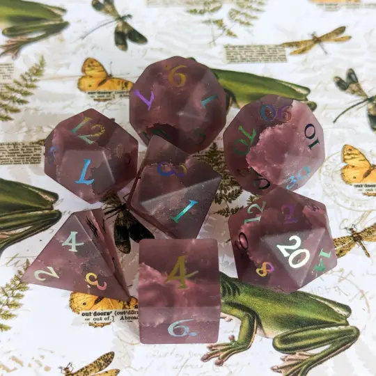 Burgundy Crackled Glass Dice Set – 7-Piece Real Glass DnD Dice | Fennek & Finch