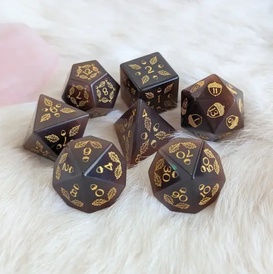 Acorn and Oak Dark Brown Cat's Eye Dice Set – Engraved Gemstone DnD Dice | Fennek & Finch