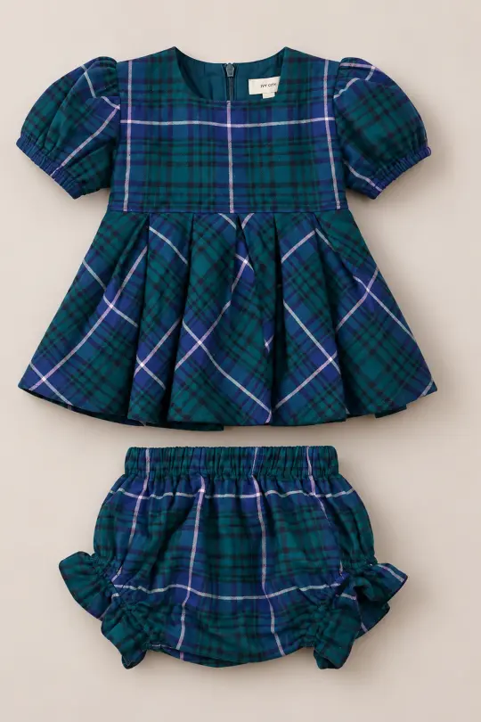 Baby Cupcake Dress Set in Emerald Plaid