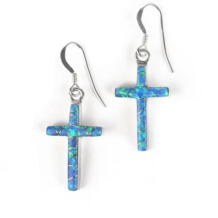 Opal in Silver Cross Earrings