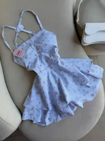 Retro Floral Homecoming Dress , Blue CottageCore Corset Summer Dress RS1394