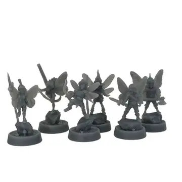 Unpainted 28mm 3D-printed resin pixie miniature set, six winged fey with axe, halberd, swords and staves - tabletop RPG miniature for D&D, Pathfinder & wargaming