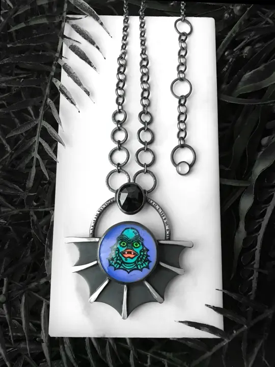 Batwing Creature Pendant with Glowing Quartz and Black Spinel