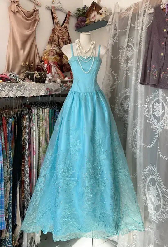 Lake blue halter-neck fitted long dress, ball gown R6303