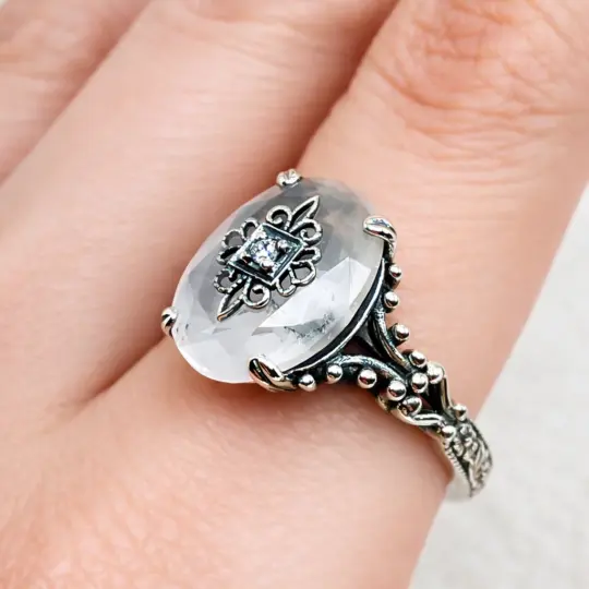 Camphor Glass Ring, Size 8, Sterling Silver Embellishment, Gothic Jewelry #D113e - Ready to Ship