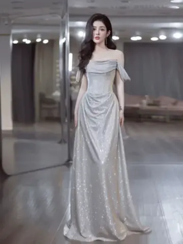 Sequins Satin Glitter Prom Gown ,Sparkly Sliver Maxi Evening Dress Ball Gown RS2033