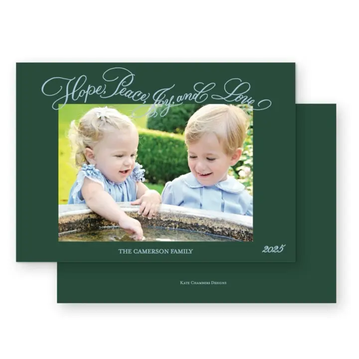 Green and Blue "Peace, Love, Joy, Hope" Landscape Holiday Card
