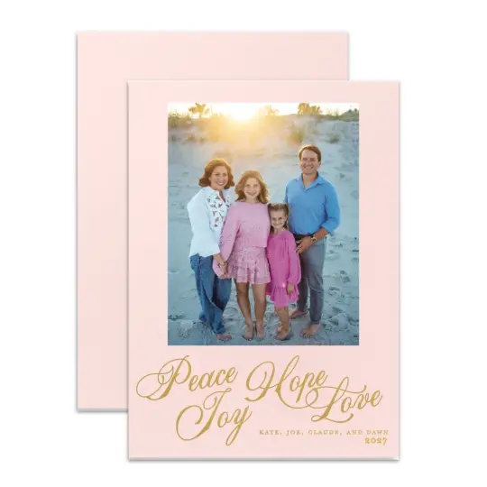 "Peace, Hope, Love, Joy" Pink with Gold Foil Printed Photo Attached Holiday Card