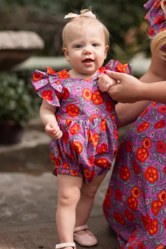Baby Hattie Romper in Thistle Flower Poppy Woodblock