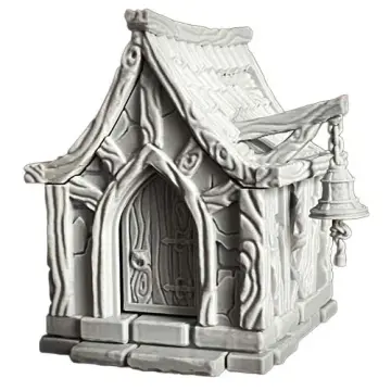 An unpainted, medium-dark grey 3D-printed tabletop miniature of a small medieval fantasy watchman's post. The small, square hut rests on a stone block foundation and features cracked plaster walls heavily framed by thick, twisting half-timbered wooden beams. The front has a pointed-arch wooden door with detailed metal hinges and a ring handle. A steep, wood-shingled roof covers the building, and a large alarm bell hangs by a chain from a prominent wooden beam extending off the right side of the roofline. Isolated on a white background.