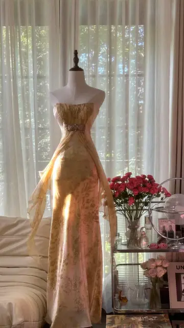 Champagne gold strapless fitted long ball gown R7692