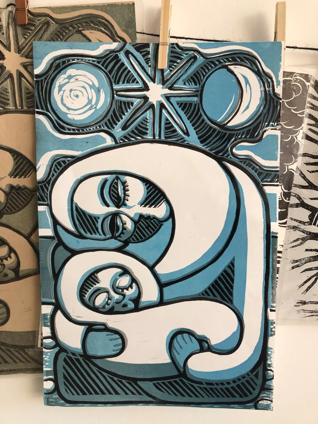 Celestial Mother and Child Reduction Lino Print
