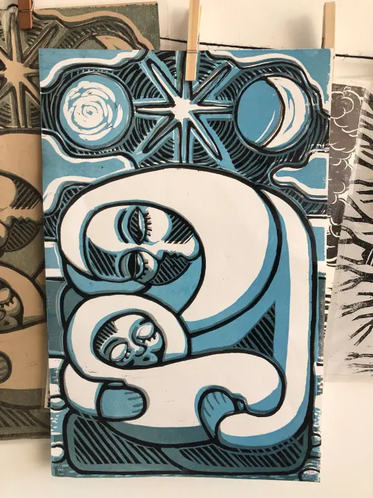 Celestial Mother and Child Reduction Lino Print