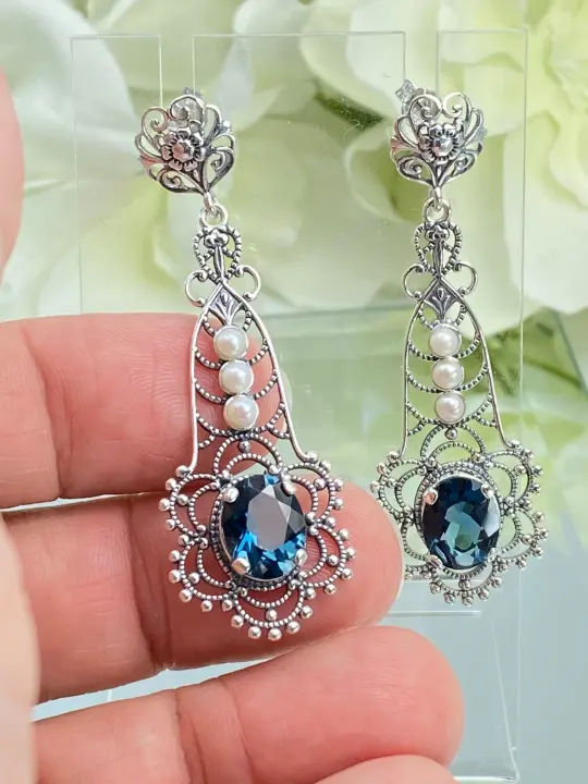Natural London Blue Earrings, Long Fancy Lavalier Sterling Silver Filigree, Pearl accents, Vintage Jewelry #E17 - Ready to Ship