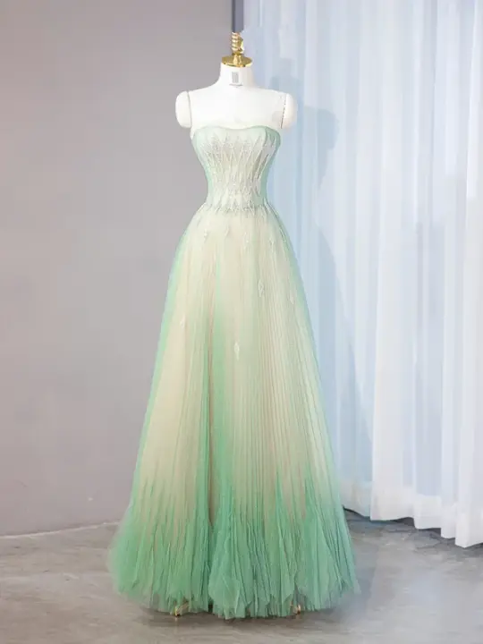 Light green strapless fitted long ball gown R9000