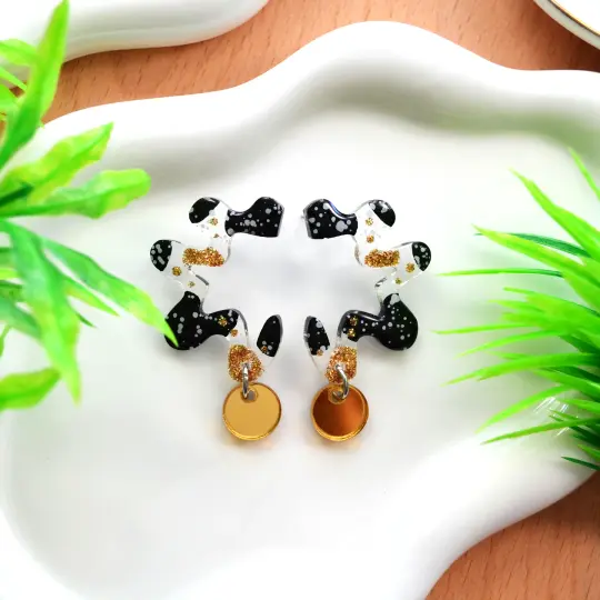 Squiggle Abstract Art Wavy Earrings in Black and Gold Resin