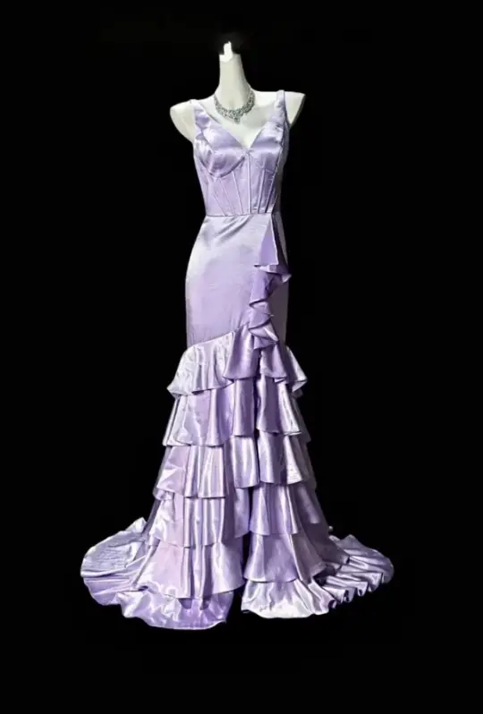Silky Sleeveless Ruffled Bodycon Prom Gown ,Sparkly Lavender Maxi Evening Dress Ball Gown RS2098
