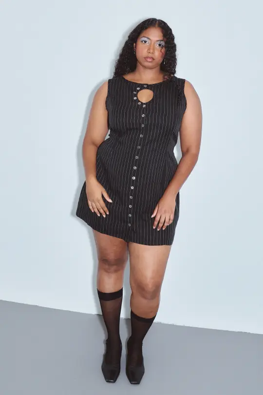 Unbuttoned Mini Dress Tencel Stripe Black