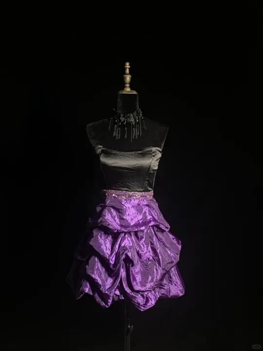 Black strapless top with a fitted waist and purple short hem, a prom dress R8682