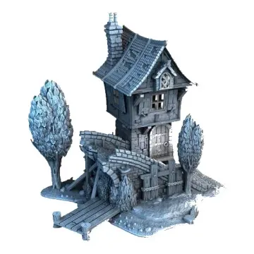 Unpainted 28mm 3D-printed ruined house on a broken stone bridge — tabletop RPG terrain for D&D, Pathfinder & wargaming