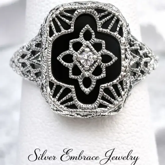 Black Ring, Size 7, Black Camphor Glass, Art Deco Filigree Jewelry, #D204 - Ready to Ship
