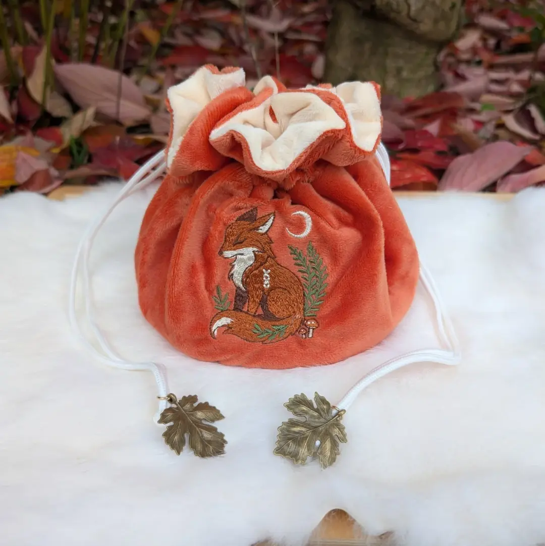 Fox Plush Dice Bag - Deep Red-Orange & Cream Drawstring Pouch with Embroidered Fox
