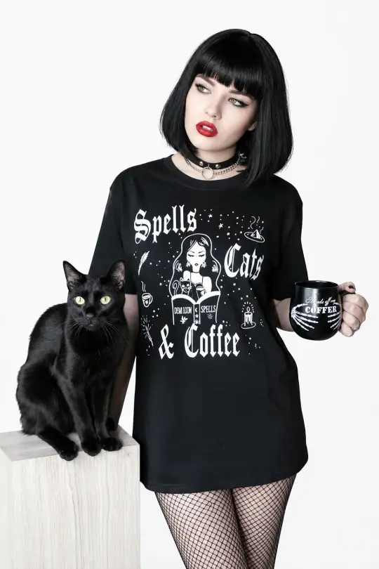 Spells Cats & Coffee Graphic Gothic Tee