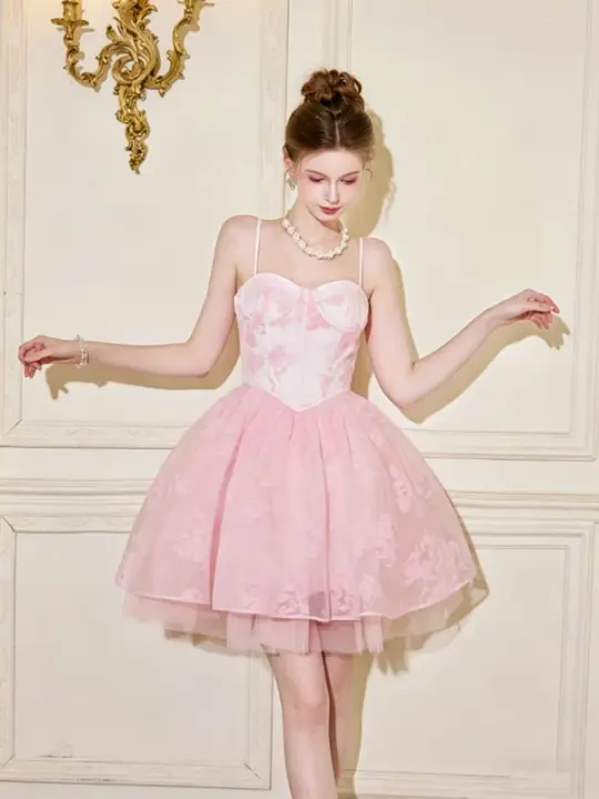 Corset Style Pink Floral Tulle Dress with Spaghetti Straps R9209