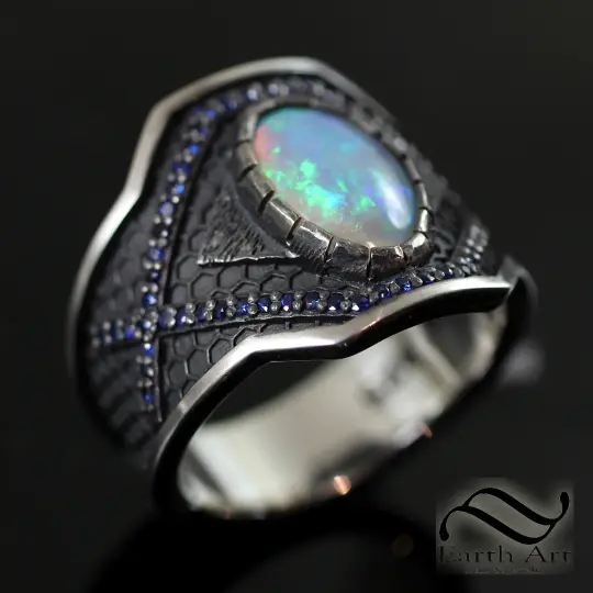 Blue on Black Mens Opal Cigar Band - Sterling Silver