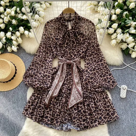European and American niche dress with silk scarf and waist-hugging lantern sleeves A-line short skirt R2278