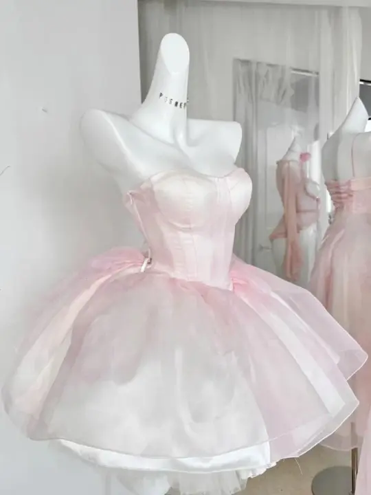 Light pink tube top waist puffy princess dress homecoming dress R3542