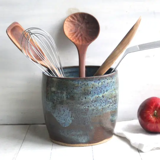 Rustic Stoneware Utensil Holder in Speckled Blue and Green, Hand Made in USA