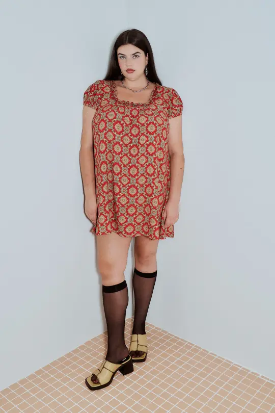 Soft Linen Babydoll Mini Dress Fancy Red Couch