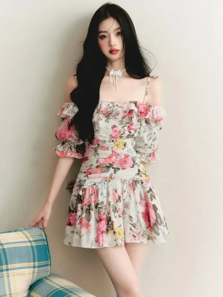 Brown floral strapless one-shoulder waisted mini skirt homecoming dress R3056