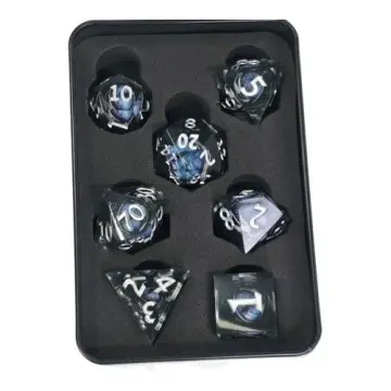 Sharp edge DnD dice set, smoky black resin with a blue moving dragon eye and silver numbers, 7 dice in a Project Kirtrite tin