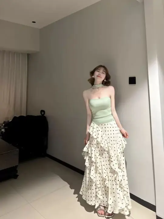 Fresh Polka Dots Women's Prom Gown Soft Green Waist Fitted Maxi Evening Dress Birthday Dress — Fall Outfit 2026 New  RS3265