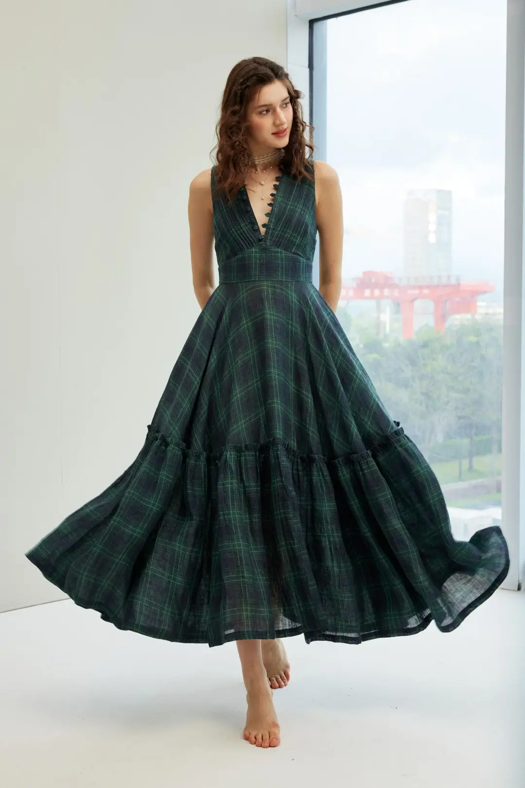 Moon River 24 | V-neck pintucked linen dress gown