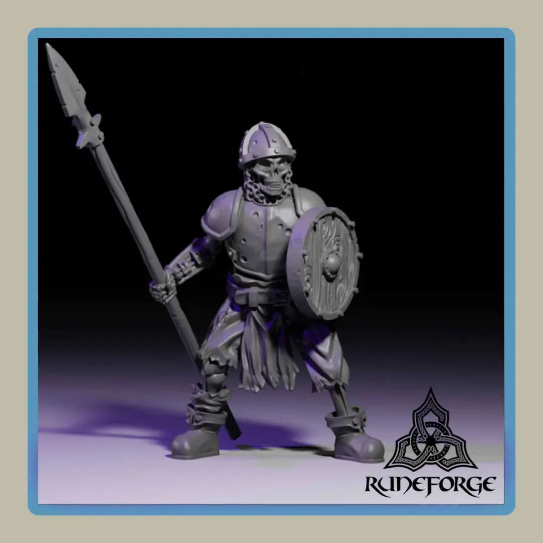 render of 28mm miniature undead armored skeleton with spear and shield
