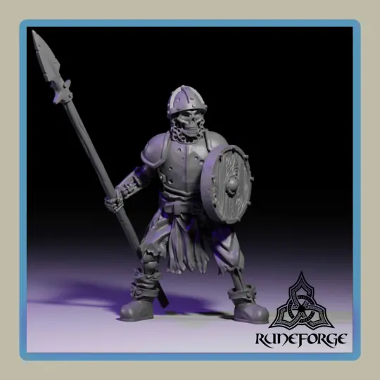 render of 28mm miniature undead armored skeleton with spear and shield