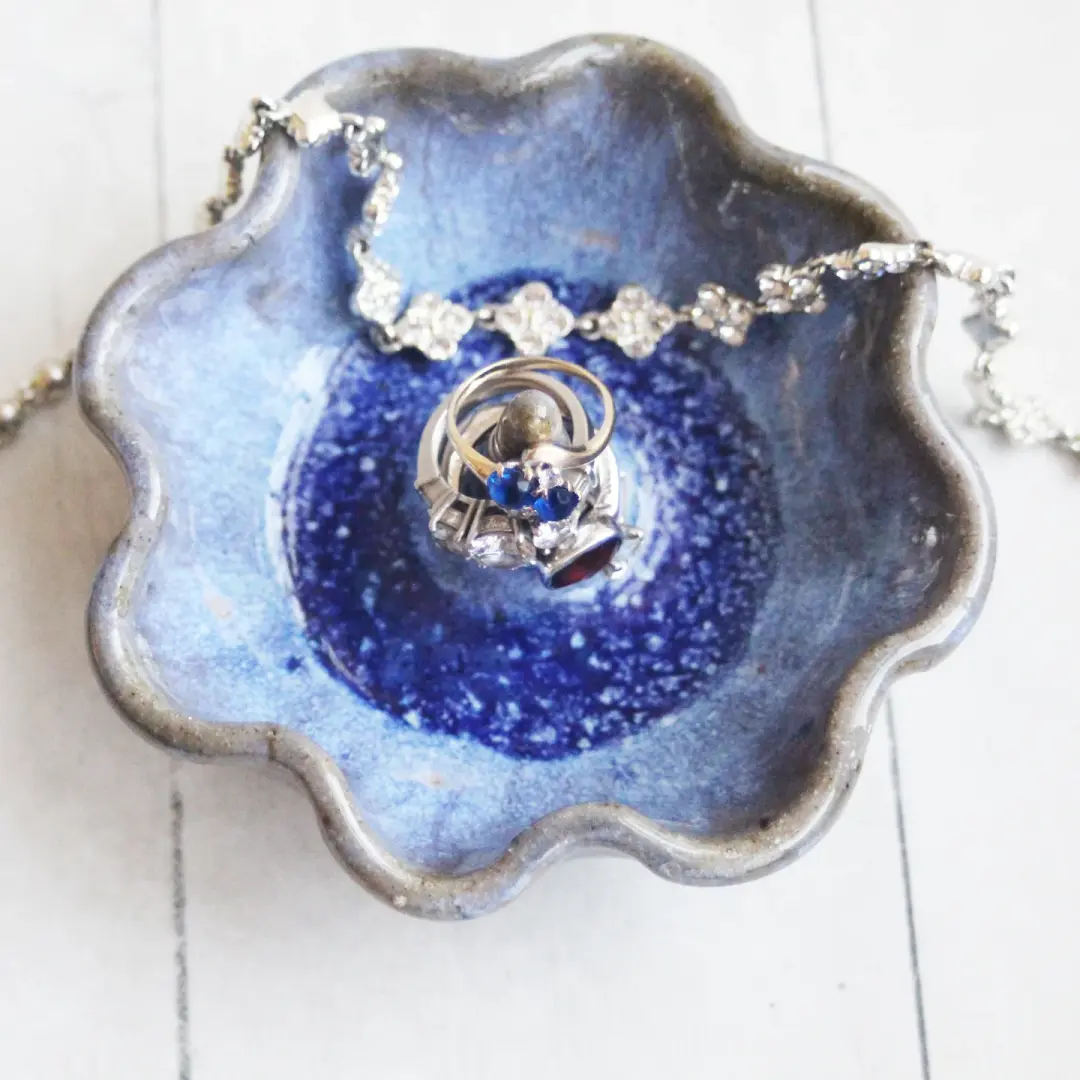 One of a Kind Rustic Handcrafted Pottery Ring Holder in Galaxy Blue Glaze, Made in USA