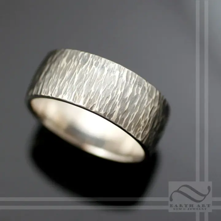Mens 14k Gold Wide Bark Ring - Wedding Band