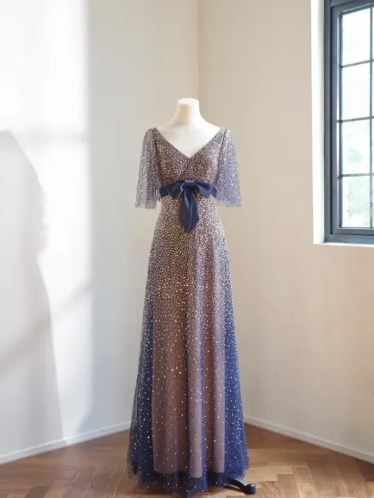 Deep blue sequined waist-cinching long elegant ball gown R8468
