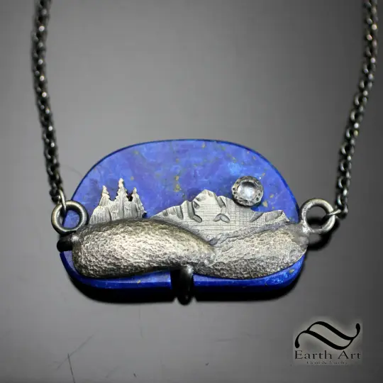 Moonrise Landscape Pendant with Lapis - Sterling silver