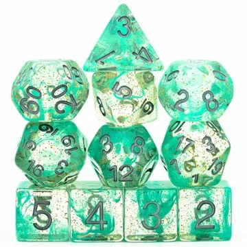 Green Glitter Smoke Dice Set – 11-Piece Clear Resin Silver Font Extra D20 D6s
