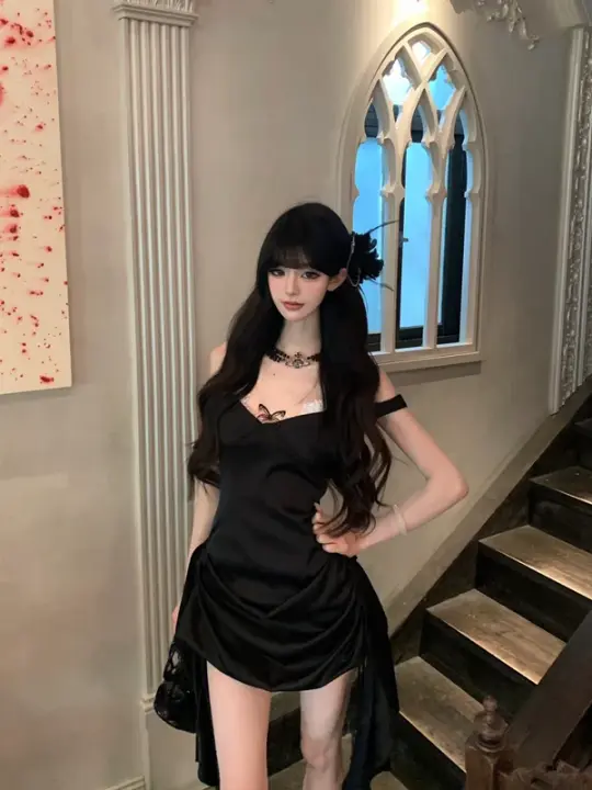 Black suspender satin pleated waist hip skirt homecoming dress R5078