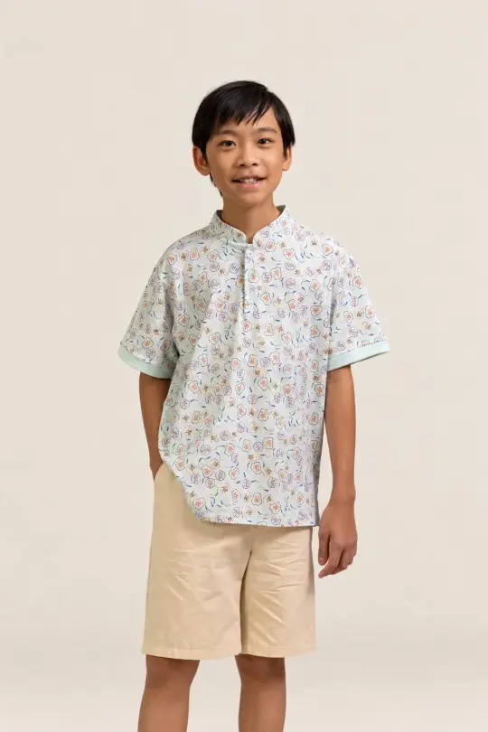 Mandarin-collared Polo Tee - Blue Fans
