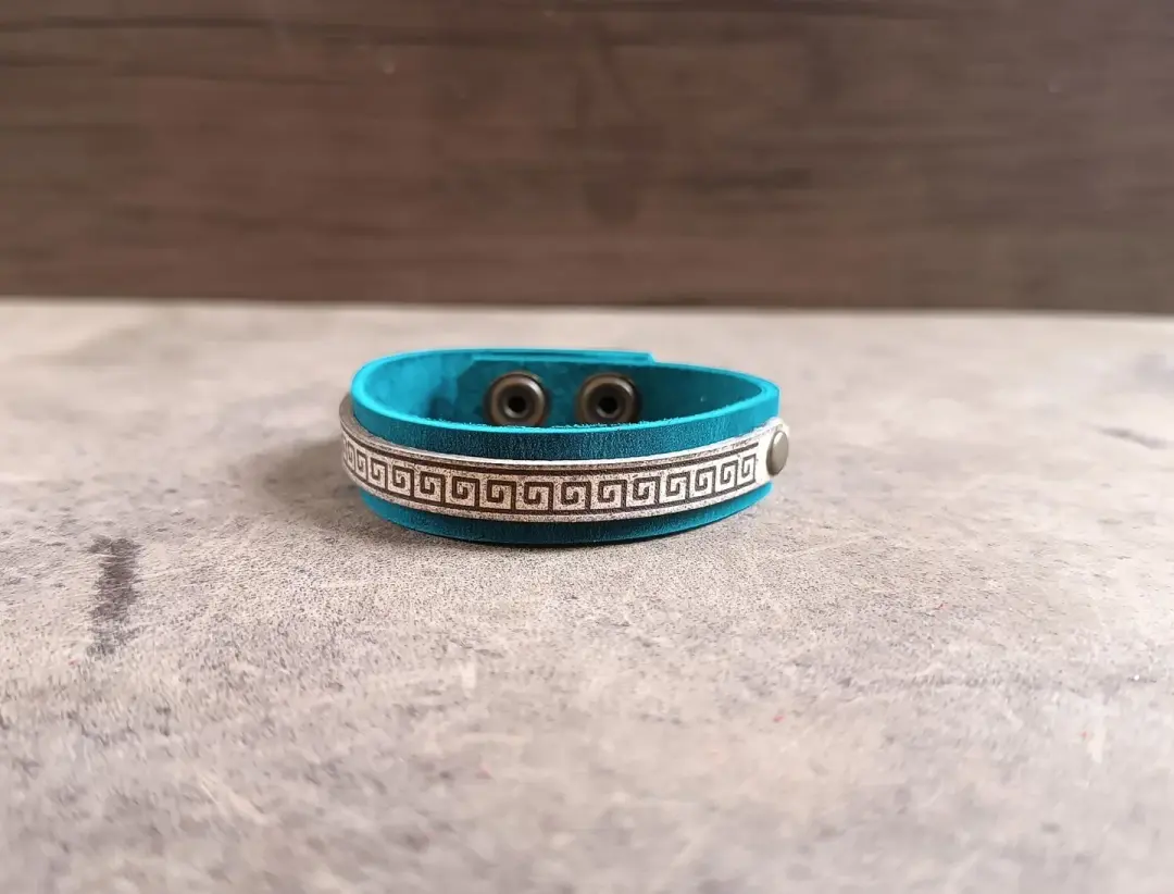 Greek Meander Leather Bracelet | Petrol Blue Ancient Key Symbol Cuff