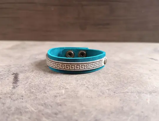 Greek Meander Leather Bracelet | Petrol Blue Ancient Key Symbol Cuff